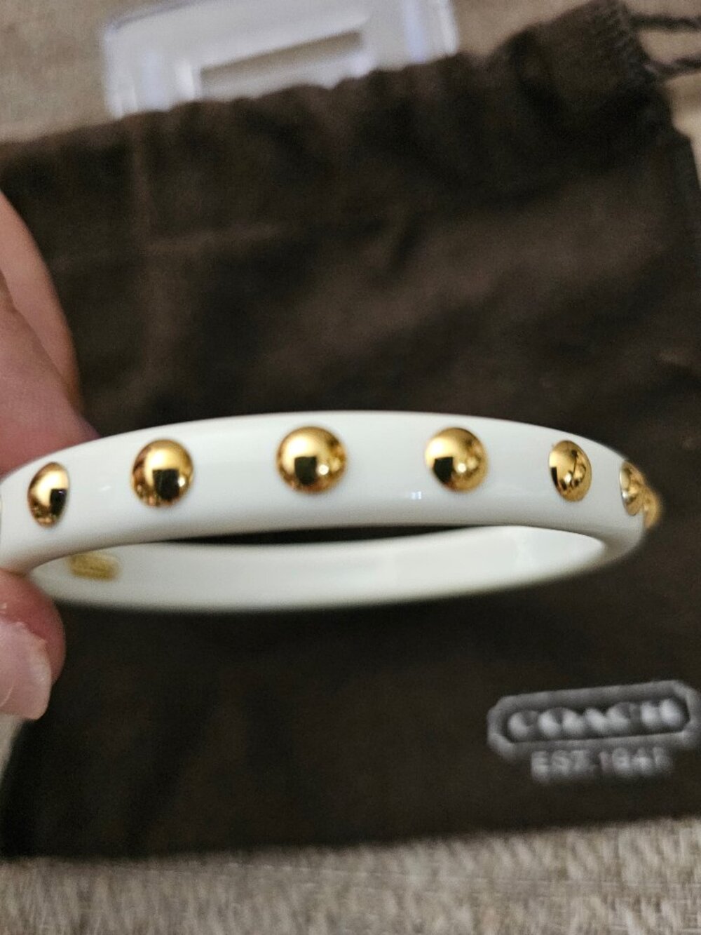 Coach White & Gold Studded Bangle Bracelet + Dust Pouch